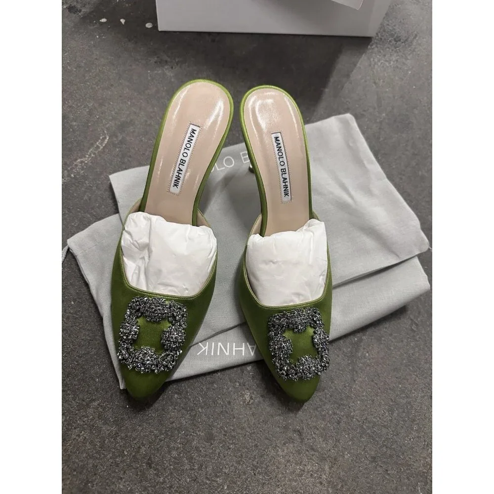 Manolo Blahnik Satin Hangisimu 70 Mule Heels Green Satin - Picture 8 of 13